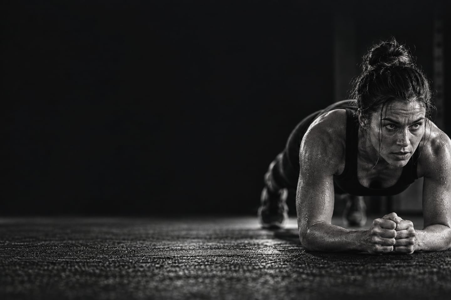 An athlete holding a focused plank in a dark studio.